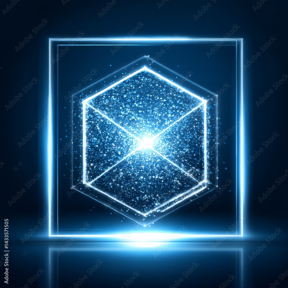 Poster Neon Cube: Glowing Geometric Abstract with Sparkling Particle Cloud and Reflection, Tech Art.