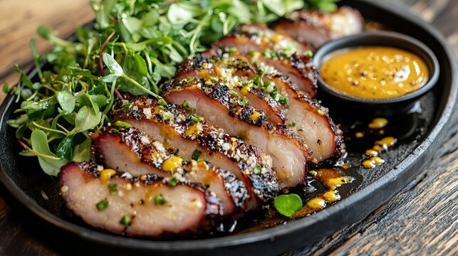 Thinly sliced pork belly with a golden crisp served with a side of mustard sauce and microgreens
