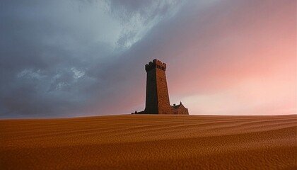 Ancient tower on sand dune, dramatic sky