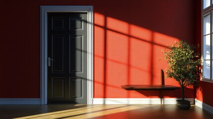 Red room with dark door and plant