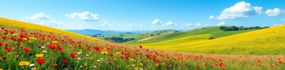 Rolling hills, vibrant wildflowers, clear blue sky, flowers, pastoral