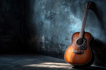 Obraz premium Acoustic Guitar Leaning Against Wall with Light Beam and Grunge Texture