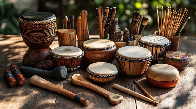 Vibraslap and other percussion tools on a wooden table under moody light