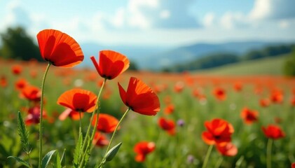 Naklejka premium Scarlet poppies burst amidst vibrant Italian wildflowers , wildflowers, nature, summer