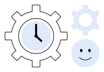 Clock inside a gear symbolizes time and productivity. Additional elements include a minimalist gear and a smiling face. Ideal for themes thumbs up time management, efficiency, work-life balance