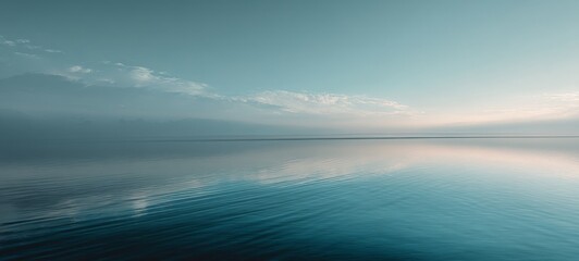 Obraz premium A minimalist wallpaper with a mirror-like water surface reflecting a pale sky, soft ripples, and subtle clouds in a calming gradient of blues and whites.