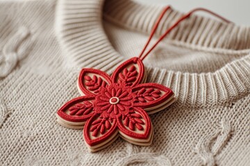 A beautifully crafted red flower pendant hangs delicately from a cozy beige sweater, showcasing a blend of fashion and artistry for stylish outfits.