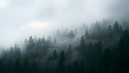 Naklejka premium Mystical Fog Rolling Through a Rising Forest Landscape