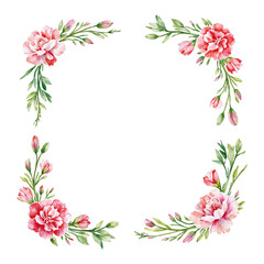 Fototapeta premium Carnation Flowers Frame in Corners Isolated Hand Drawn Watercolor Painting Illustration