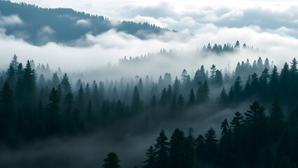 Naklejka premium Mystical Fog Rising in a Forest An Enchanting Landscape