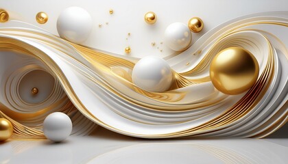 Abstract white and gold spheres and waves on white background.