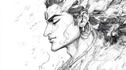 Fototapeta premium Intricate Line Drawing Pen Sketch Black White Male Portrait Artistic Monochrome Elegant Detailed Headshot Intense Gaze Serene Expression Stylish Hair 