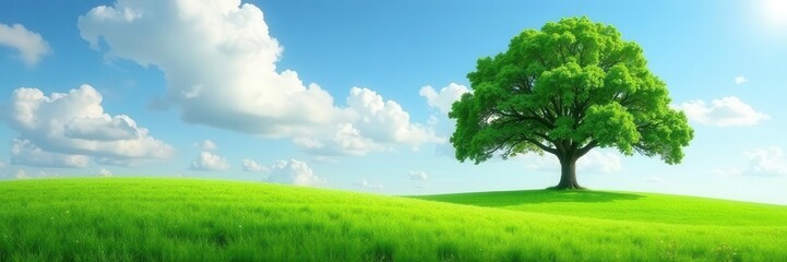 Solitary oak, vibrant green field, cloud-dappled sky, leaves, meadow