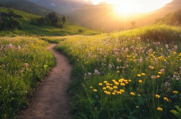 Obraz premium Scenic trail curving through lush wildflower fields at dawn, golden sunlight breaking through morning mist