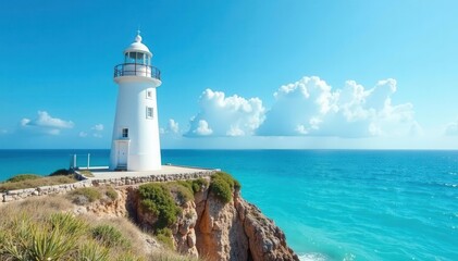 Solitary white lighthouse against azure sea, bright day, bright, tranquil