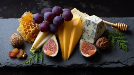 Artisan Cheese Board with Various Types and Grapes Displayed
