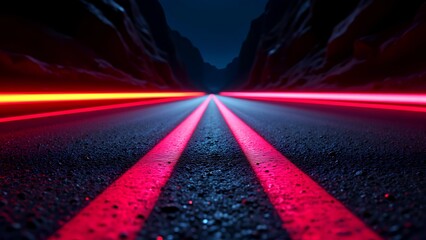 A captivating night scene of a road illuminated by vibrant red lines against a dark, rocky landscape, creating a dramatic atmosphere.