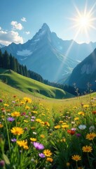 Fototapeta premium Sun-drenched meadow, wildflowers bloom, majestic mountains loom , scenery, mountains, mountain meadow