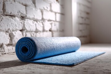 Rolled Blue Yoga Mat on Concrete Floor Against a White Brick Wall