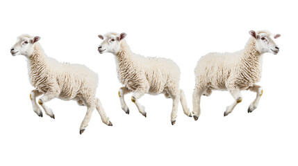 Obraz premium Energetic Little Sheep Jumping in the Air Isolated on White Background