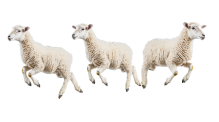 Energetic Little Sheep Jumping in the Air Isolated on White Background