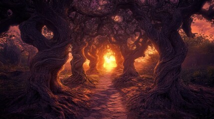 Sunlit pathway through ancient, gnarled trees.