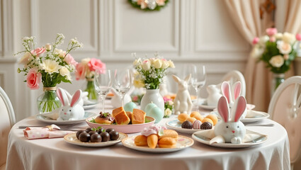 Fototapeta premium Charming Easter Brunch Table Setting Elegant Decor & Delicious Treats