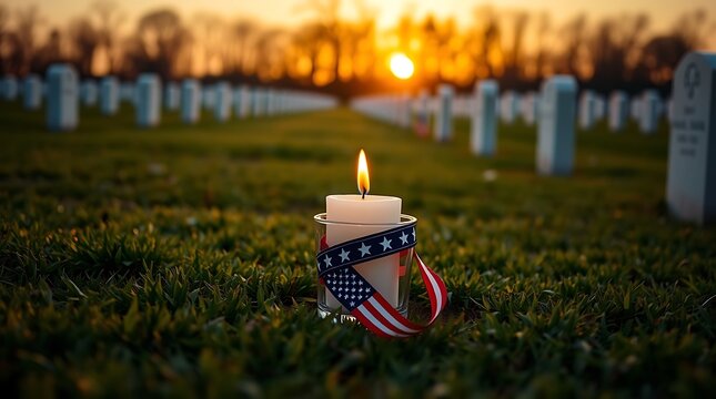 candle american flag ribbon cemetery sunset headstones patriotic memorial day tribute lit veterans day