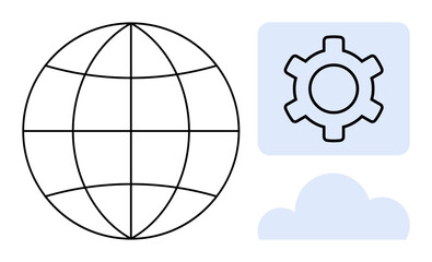 Wireframe globe next to gear icon and cloud graphic. Ideal for innovation, technology, globalization, networking, cloud services, connectivity, simple landing page