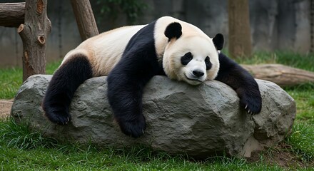 A charming giant panda with its distinctive black and white fur lies comfortably sprawled across a large rock, appearing relaxed and peaceful in its enclosure.