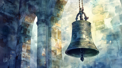 Obraz premium Watercolor illustration of call to prayer: ornate cathedral bell with latin inscriptions hung in stone tower. Echo Tower. Illustration