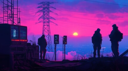 Fototapeta premium Scientists in protective suits observing artificial cloud brightening from remote station, foggy horizon, experimental atmosphere manipulation, Climate Engineering and control