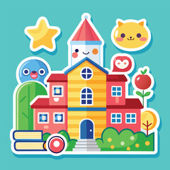 Obraz premium Cute school building with adorable characters