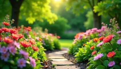 Fototapeta premium Tranquil garden scene, creatively landscaped with blooming flowers , aesthetic, trees, leaves