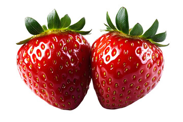 Photo of Two Ripe Strawberries Isolated on Transparent Background with Green Leaves