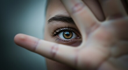 A close up of a brown eye partially obscured by a hand with fingers slightly spread apart in front