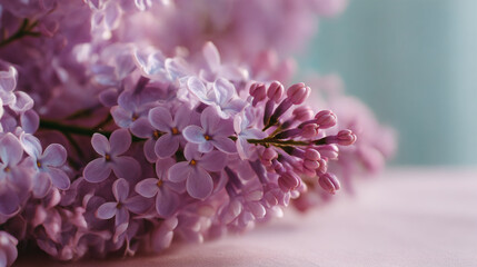 Fototapeta premium Closeup of delicate purple lilac blossoms softly resting on a pale pink surface gentle springtime floral 