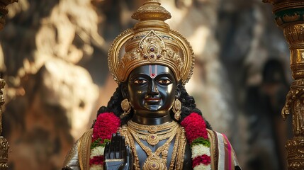 Dark Statue of Hindu God Krishna Beautiful Gold Ornamentation Traditional Indian Religious Art Divine Spiritual Peaceful Serene Ancient Culture Rich  