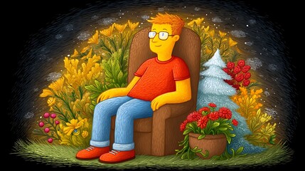 Man in armchair amidst vibrant flowers & snowy tree, peaceful scene