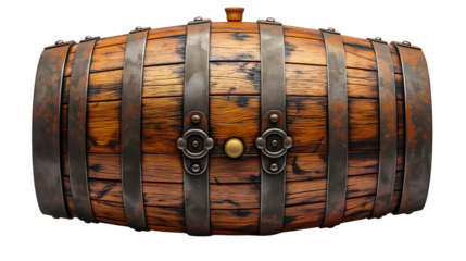 Vintage oak barrel with metal bands, rustic drink storage container