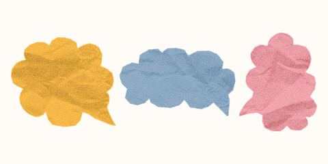 Collection of pastel crumpled paper speech bubbles in soft tones, isolated for design. Dialogue shapes with gritty halftone texture and jagged notebook edges.