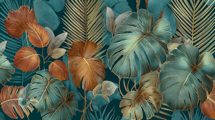 Teal and copper tropical leaves with gold detailing, creating a luxurious and elegant botanical print suitable for wallpaper or home decor