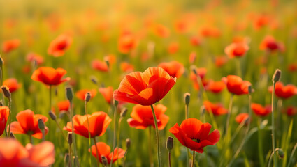 Vibrant Poppy Field Panorama Sunset Meadow Background