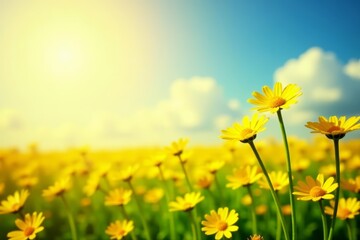 Fototapeta premium Field of yellow daisies against sunny backdrop, background, floral