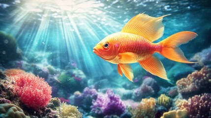 Fototapeta premium Orange Fish swims by vibrant coral reef with sun rays for underwater life concept