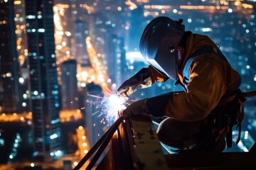 Skilled worker performing welding at night on a tall building with city lights in the background creating bright sparks