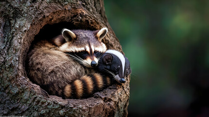 Obraz premium Raccoon And Skunk Baby In Tree Hole Nest
