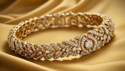 Fototapeta premium Elegant gold bracelet embellished with sparkling diamonds, displayed against a satin background.