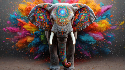 Pixelated Elephant Surrounded By Bursting Colorful Powders And Particles On Dark Background In Digital Art
