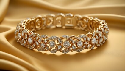 Obraz premium A stunning gold bracelet, lavishly decorated with brilliant diamonds, elegantly displayed on a golden fabric.
